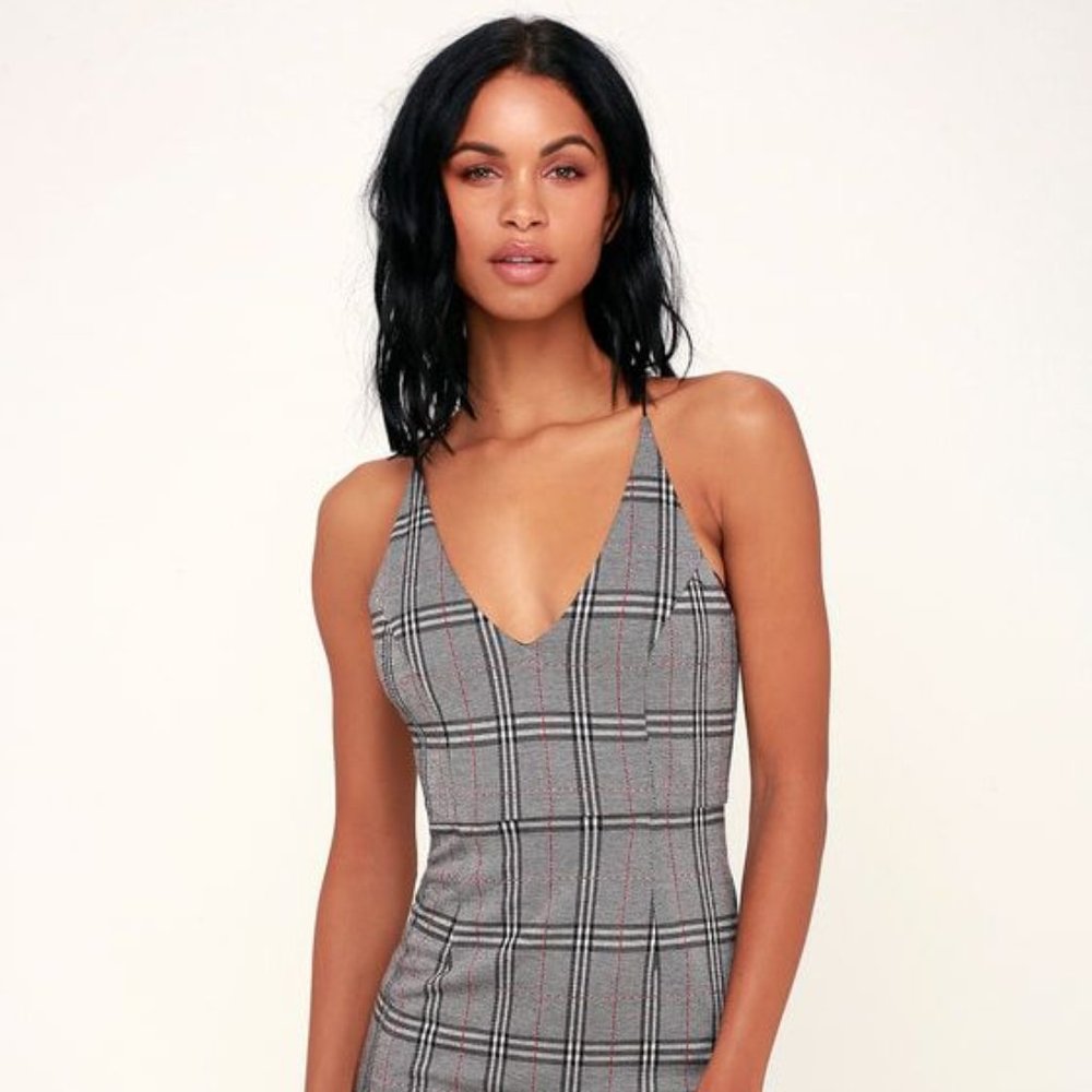 Grey Plaid Bodycon Midi Dress